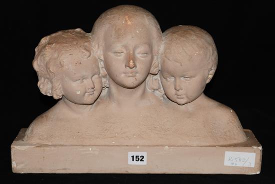 A French painted plaster model of a mother and children, signed Rene